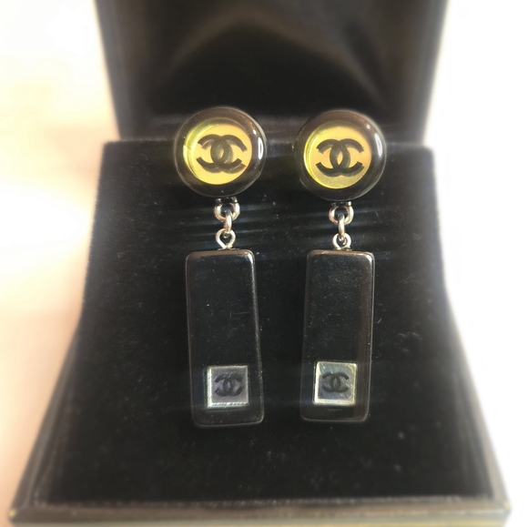 Chanel Mirrored Coco Mark Black Block Dangling Drop Earrings - Picture 2 of 4